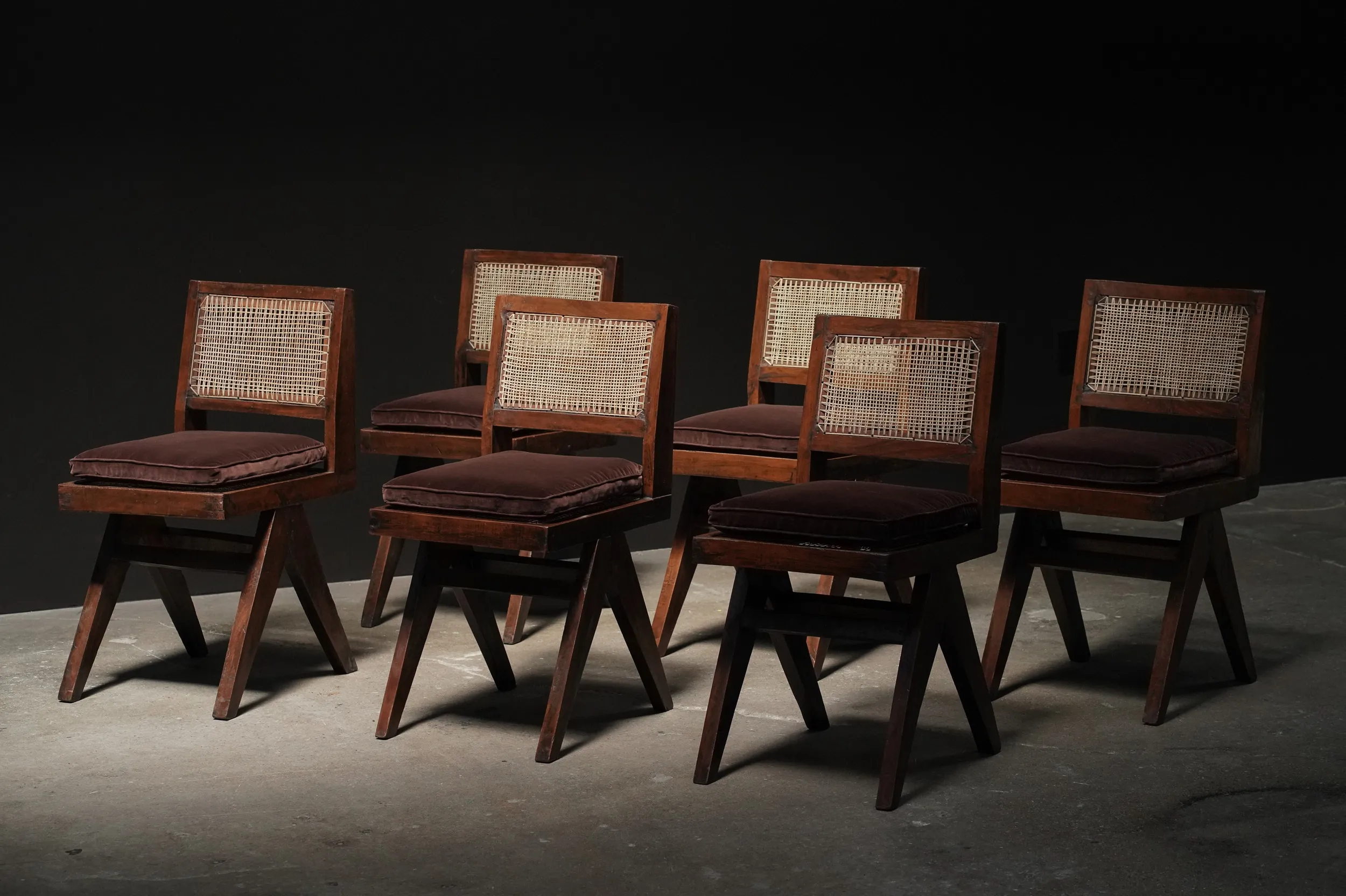 Pierre Jeanneret Cane Chairs with Cushion, Set of 6