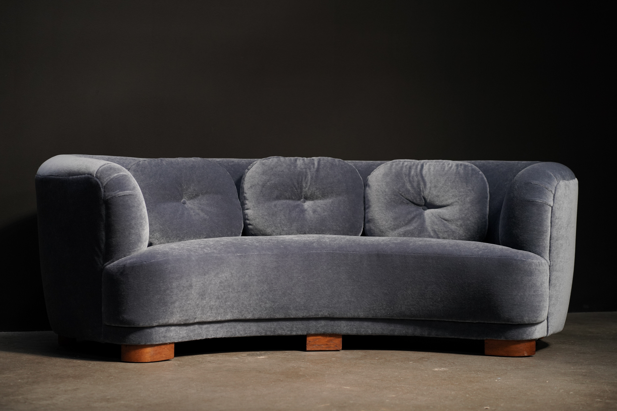 Danish Curved Sofa, Blue Mohair