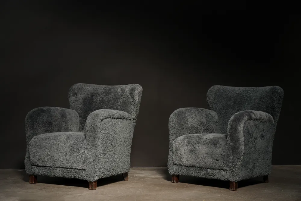 Blue Shearling Lounge Chairs, Pair 