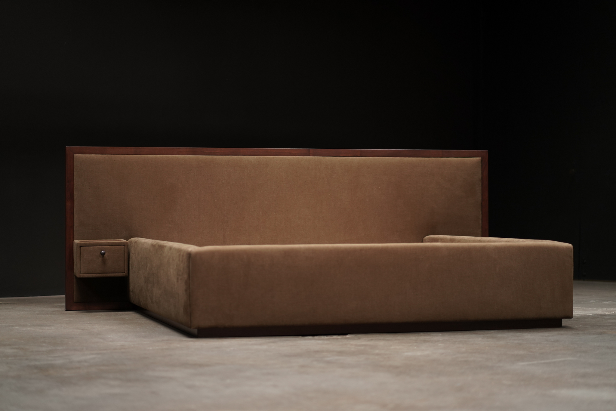 Linea Upholstered Bed, Walnut Accents, by Studio Vushyan