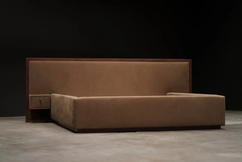 Linea Upholstered Bed, Walnut Accents, by Studio Vushyan