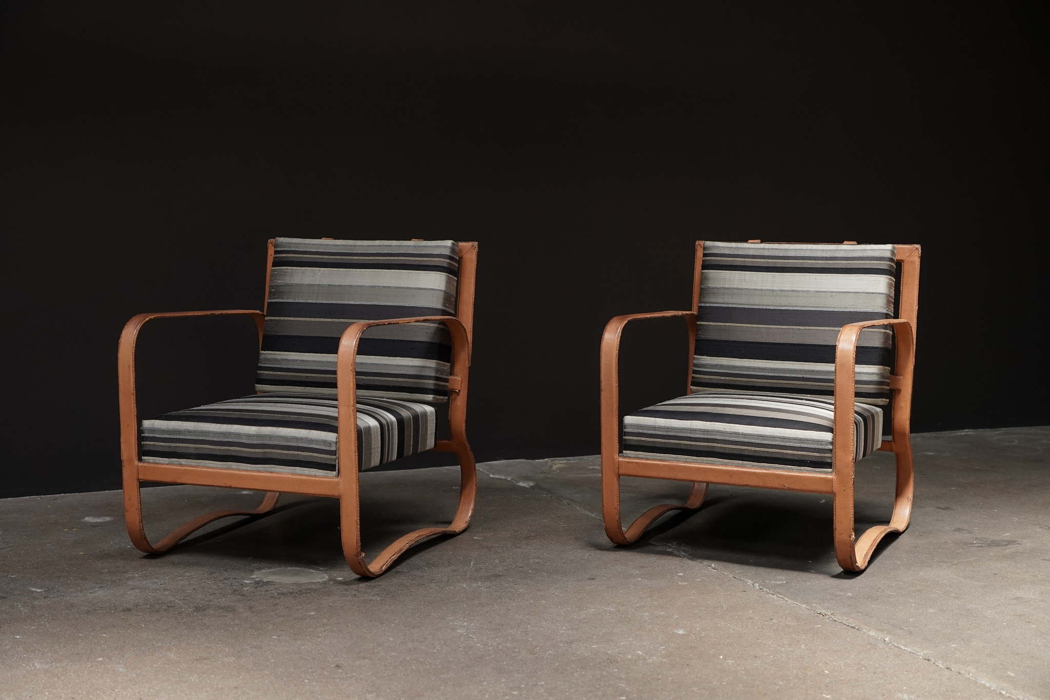 Jacques Adnet Lounge Chairs in Hermes Leather 