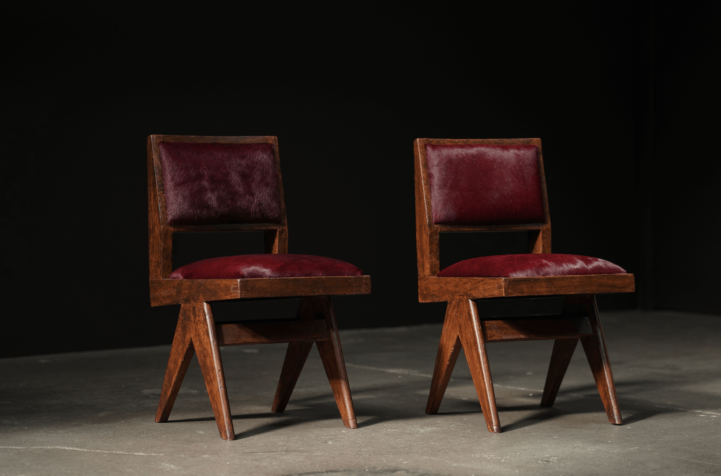 Pair of Pierre Jeanneret Chairs, Burgundy Cowhide