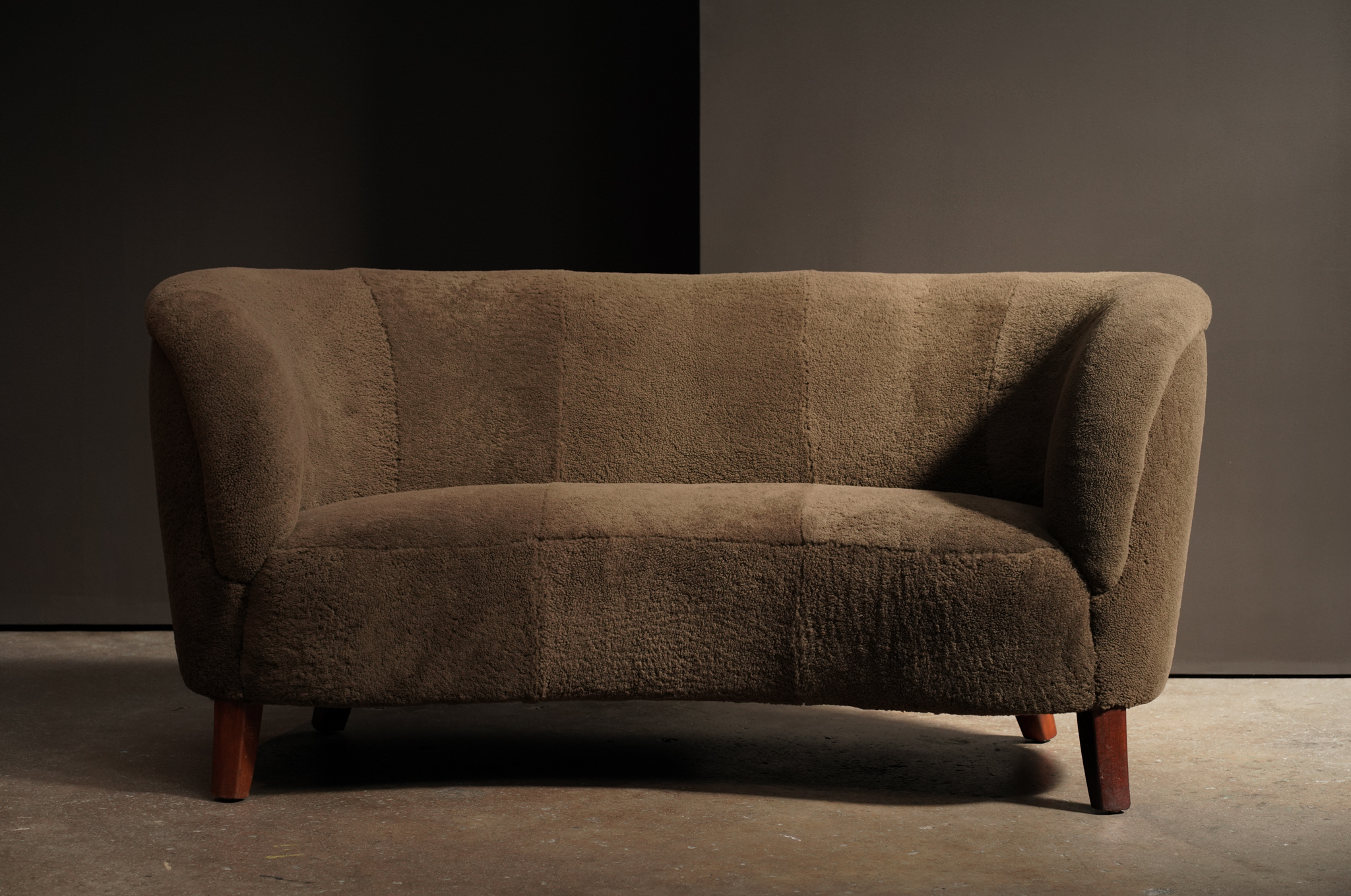 Curved Love Seat, Army Shearling