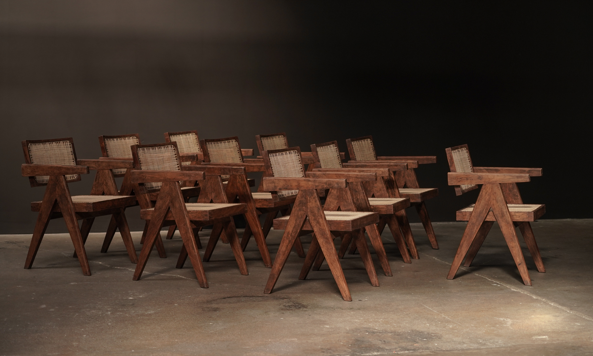 Pierre Jeanneret Cane Dining Armchairs, Set of 10